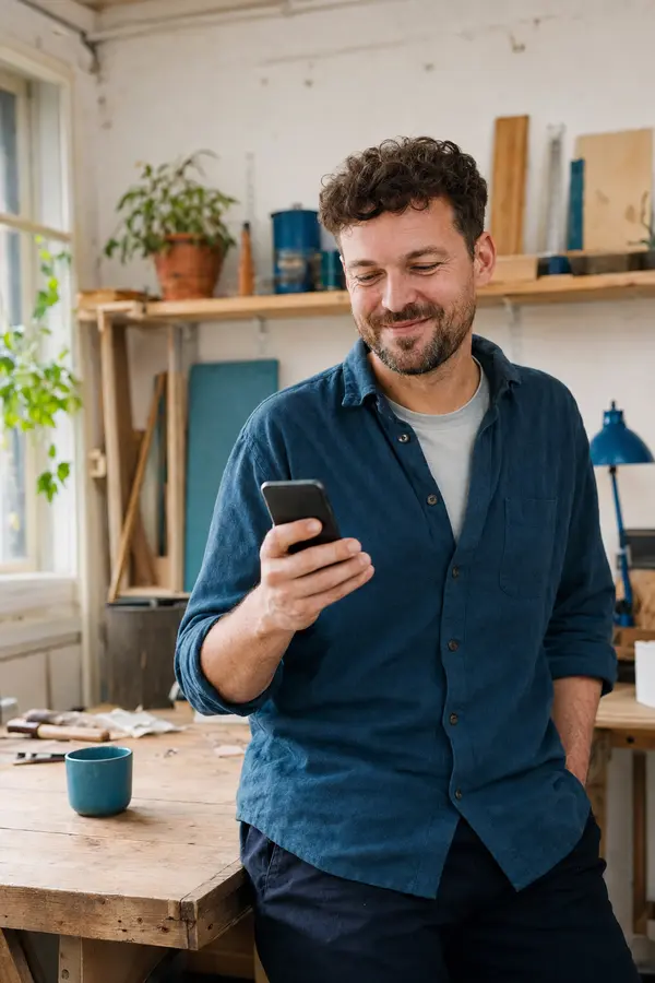 A self-employed craftsperson checking their phone in their workshop