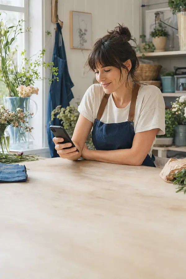 A self-employed florist calmly checking her phone at work